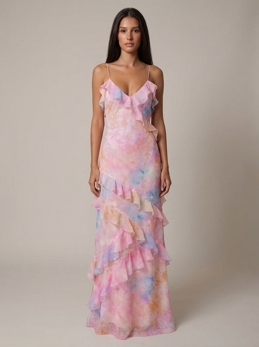 Florales Rüschen-Maxikleid in Gelb und Pink