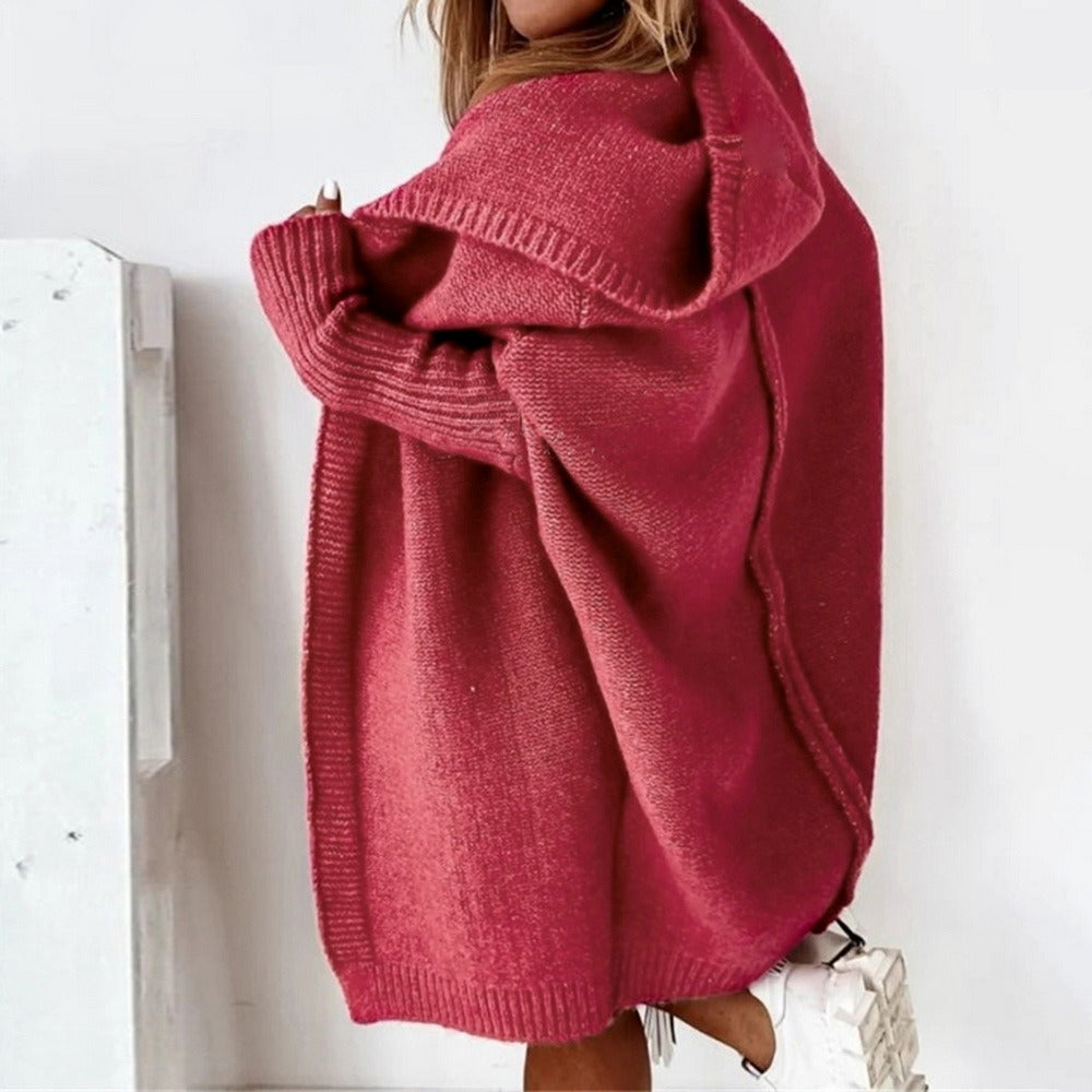 Damen Lange Strickweste Mit Kapuze Im Eleganten Design