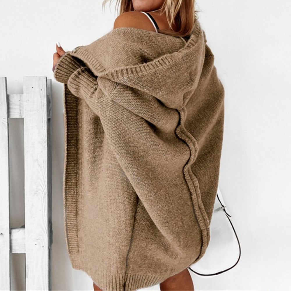 Damen Lange Strickweste Mit Kapuze Im Eleganten Design