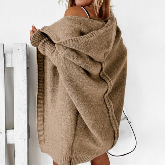 Damen Lange Strickweste Mit Kapuze Im Eleganten Design