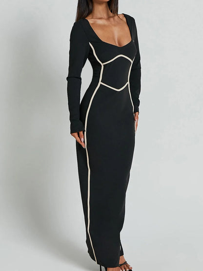 Langarm Bodycon Maxikleid mit Kontrastbesatz