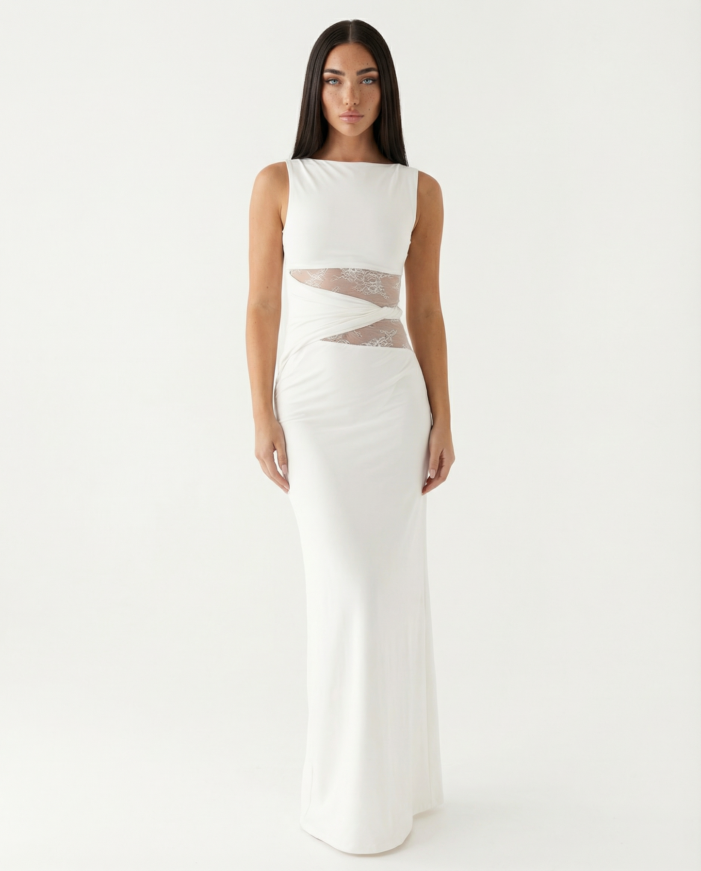Maxikleid aus Jersey mit Spitze und Transparentdetails