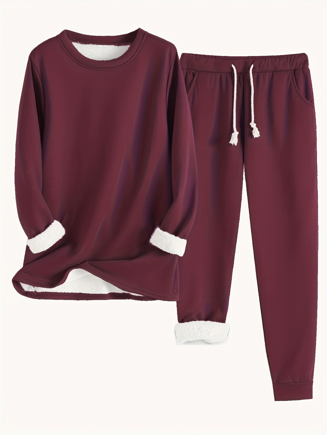 Zweiteiliges Fleece-Set mit Rundhalsausschnitt und Hose für Damen