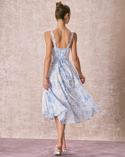 Midikleid mit floralem Print, gerafftem quadratischem Ausschnitt, blau
