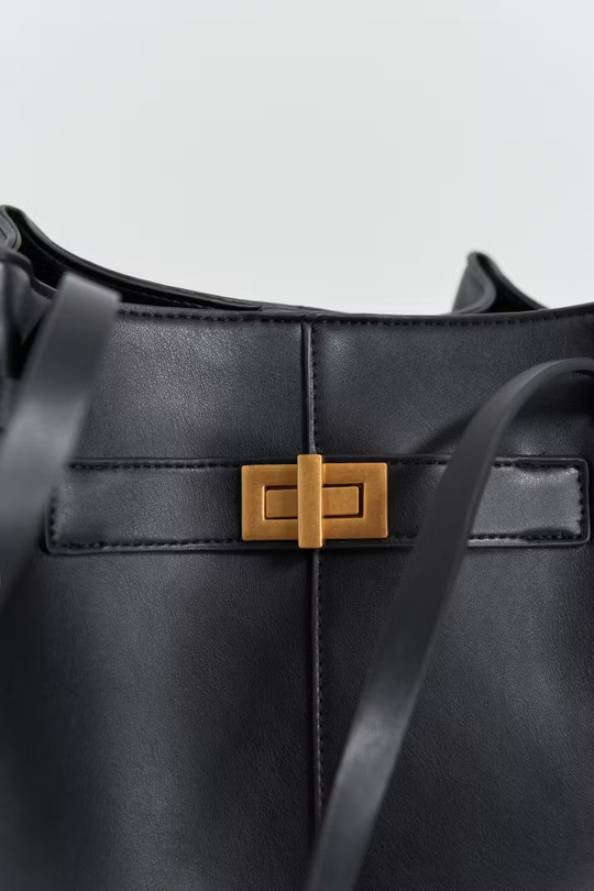 Livana Tote Schwarz | Große Tote Bag aus veganem Ultrafiber mit Laptopfach und goldenen Details für Damen