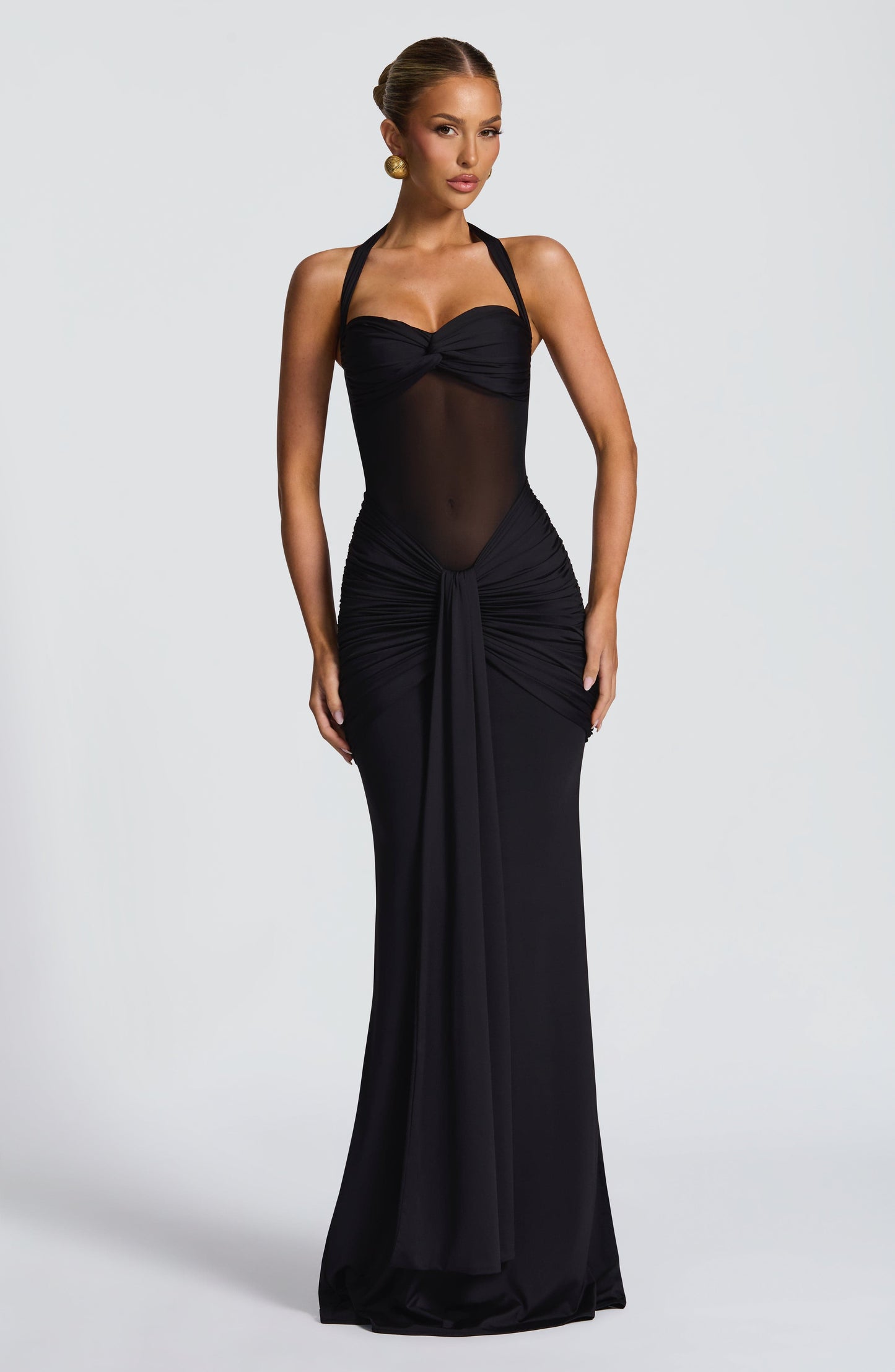 Ärmelloses gerafftes Jersey-Mesh-Maxikleid