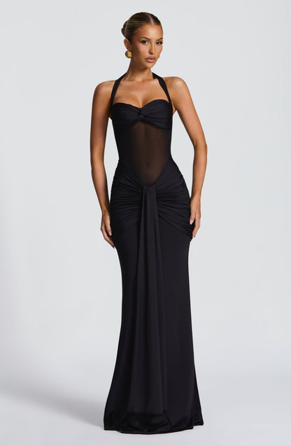 Ärmelloses gerafftes Jersey-Mesh-Maxikleid