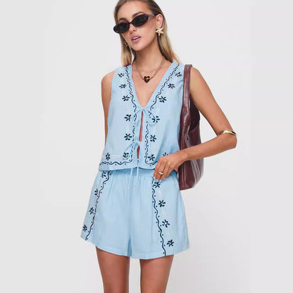Damen luftiges zweiteiliges Sommer-Set mit Blumenstickerei