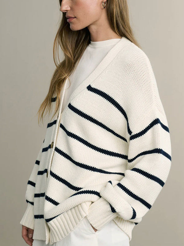 Damen Gestreifter Cardigan Mit V-Ausschnitt Und Knopfleiste