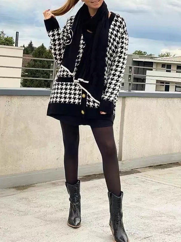 Damen Strickjacke Mit Karomuster Und V-Ausschnitt