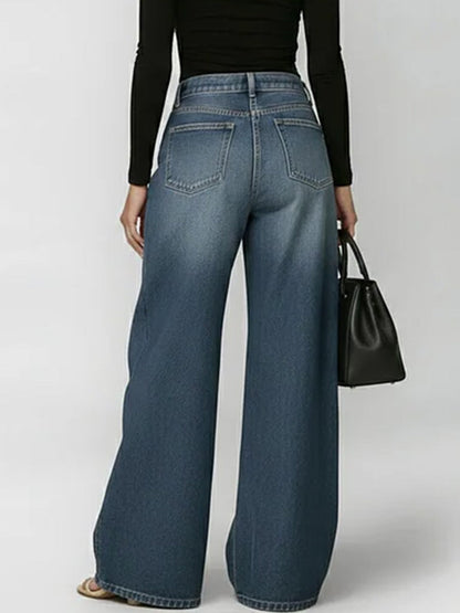 Damen High-Waist Locker Sitzende Weitbein Freizeithose Jeans