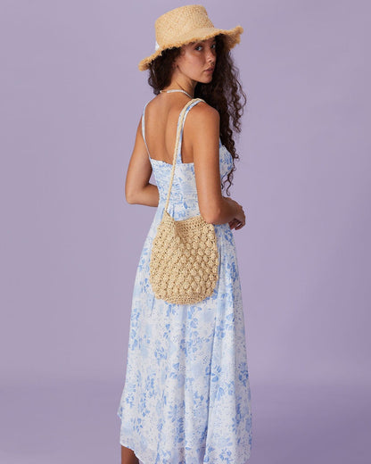 Midikleid mit floralem Print, gerafftem quadratischem Ausschnitt, blau