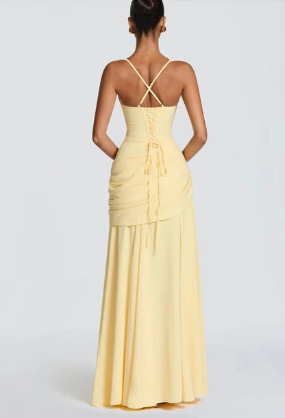 Gelbes gerafftes, drapiertes Maxikleid