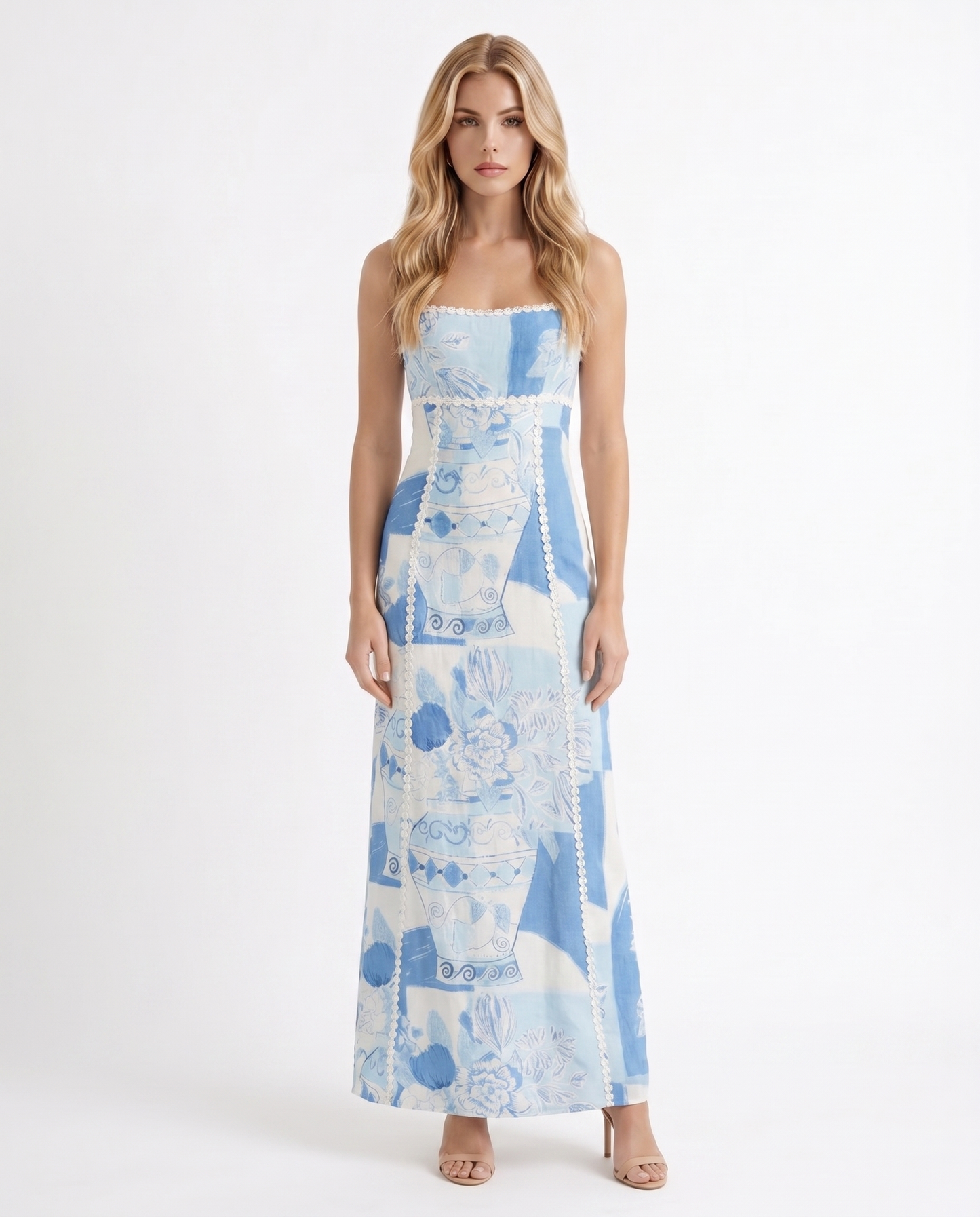 Ärmelloses Trägerloses Maxikleid mit mediterranem Muster Blau Damen