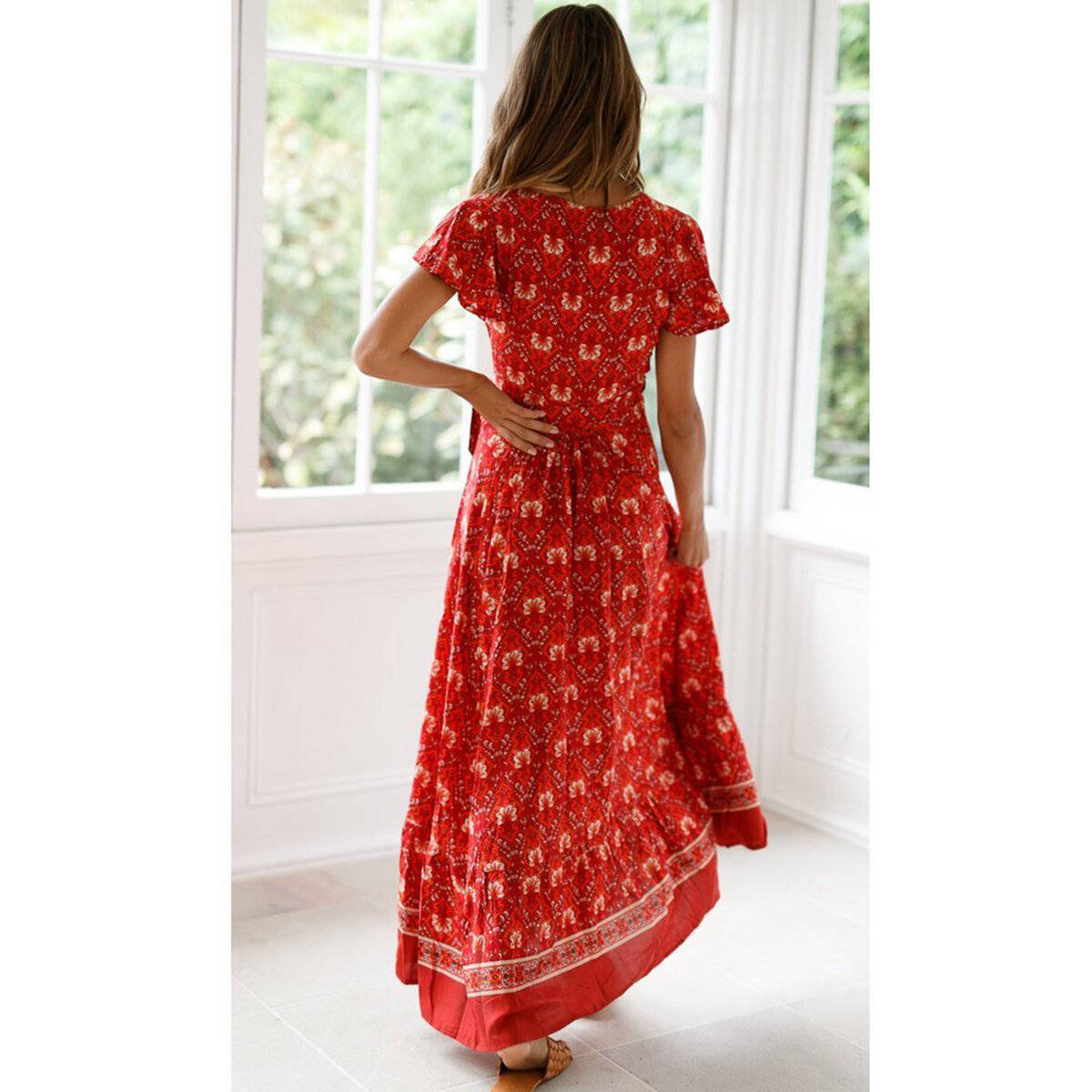 Rotes Boho Wickelkleid mit Herz-Ausschnitt