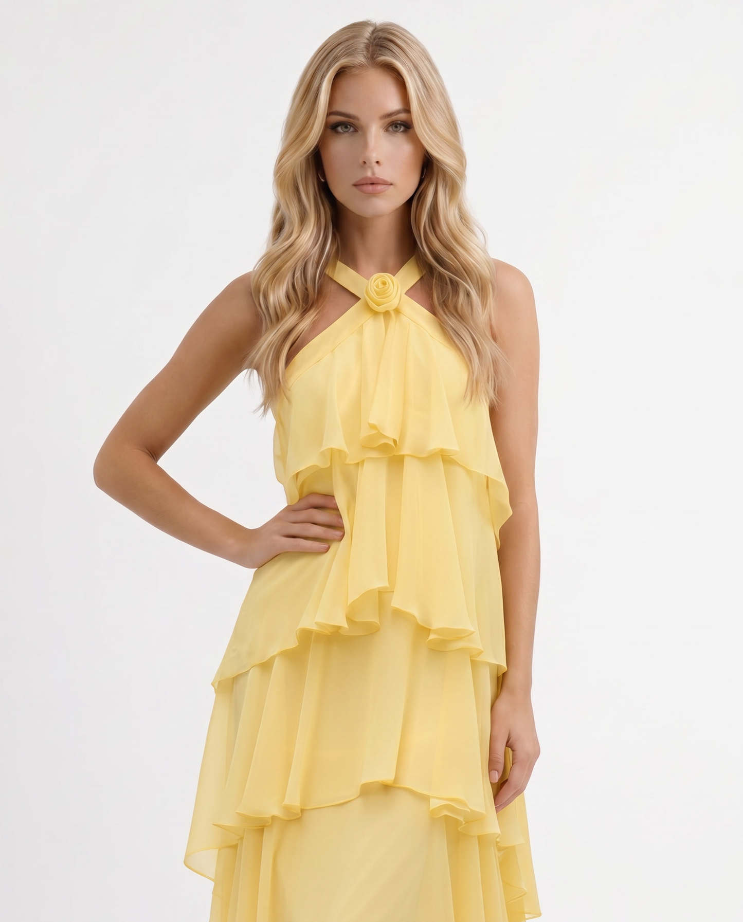 Maxikleid mit mehrlagigem Volant und Neckholder-Ausschnitt