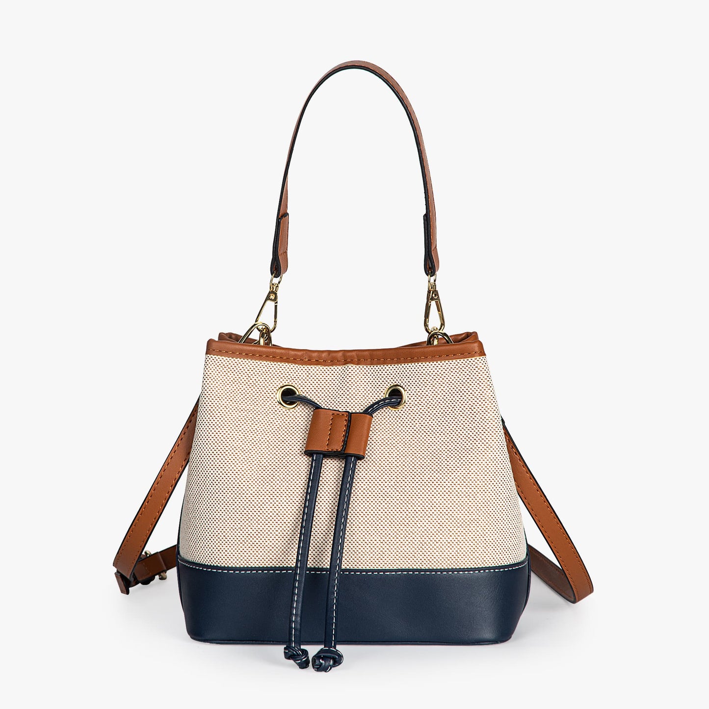 Canvas-Eimer-Tasche mit veganem Lederbesatz und Kordelverschluss