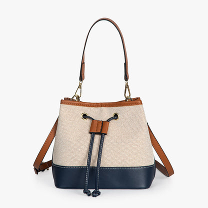 Canvas-Eimer-Tasche mit veganem Lederbesatz und Kordelverschluss