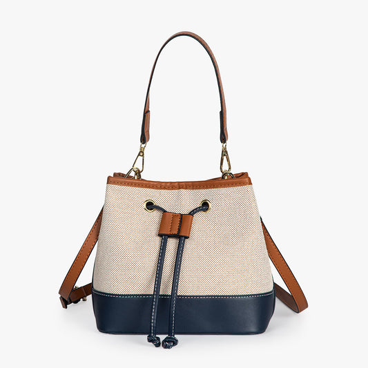 Canvas-Eimer-Tasche mit veganem Lederbesatz und Kordelverschluss