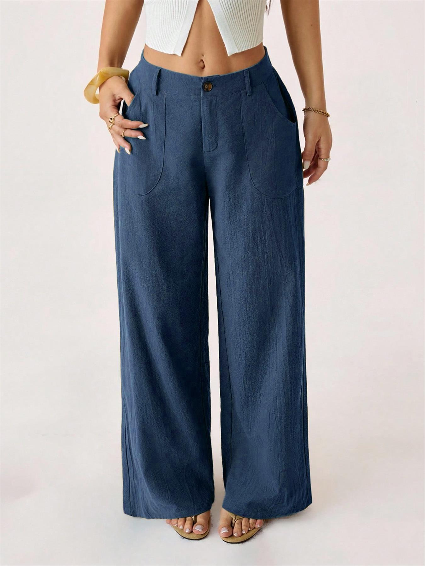 Hose mit weitem Bein aus Baumwoll-Leinen-Mischung, hohe Taille