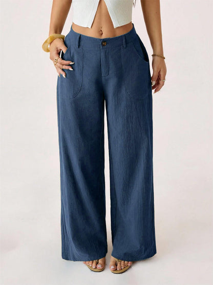Hose mit weitem Bein aus Baumwoll-Leinen-Mischung, hohe Taille