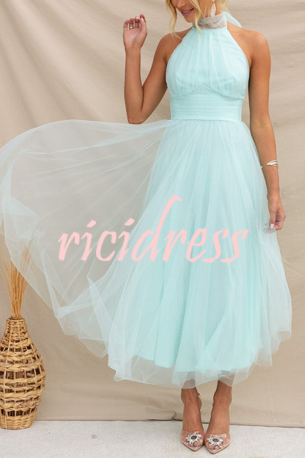 Maxikleid mit gerafftem Tüll-Halfterdetail