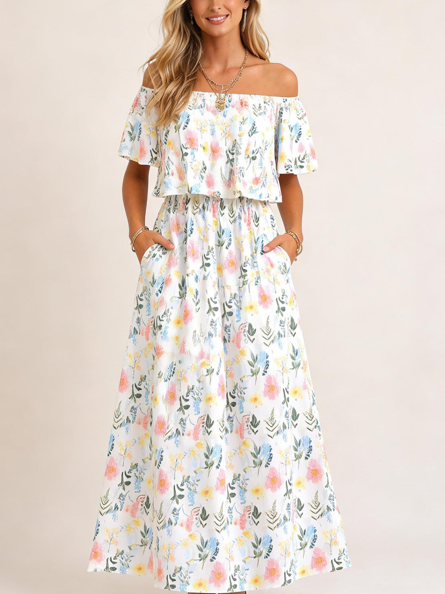 Damen Blumenmuster Schulterfreies Sommer Maxikleid