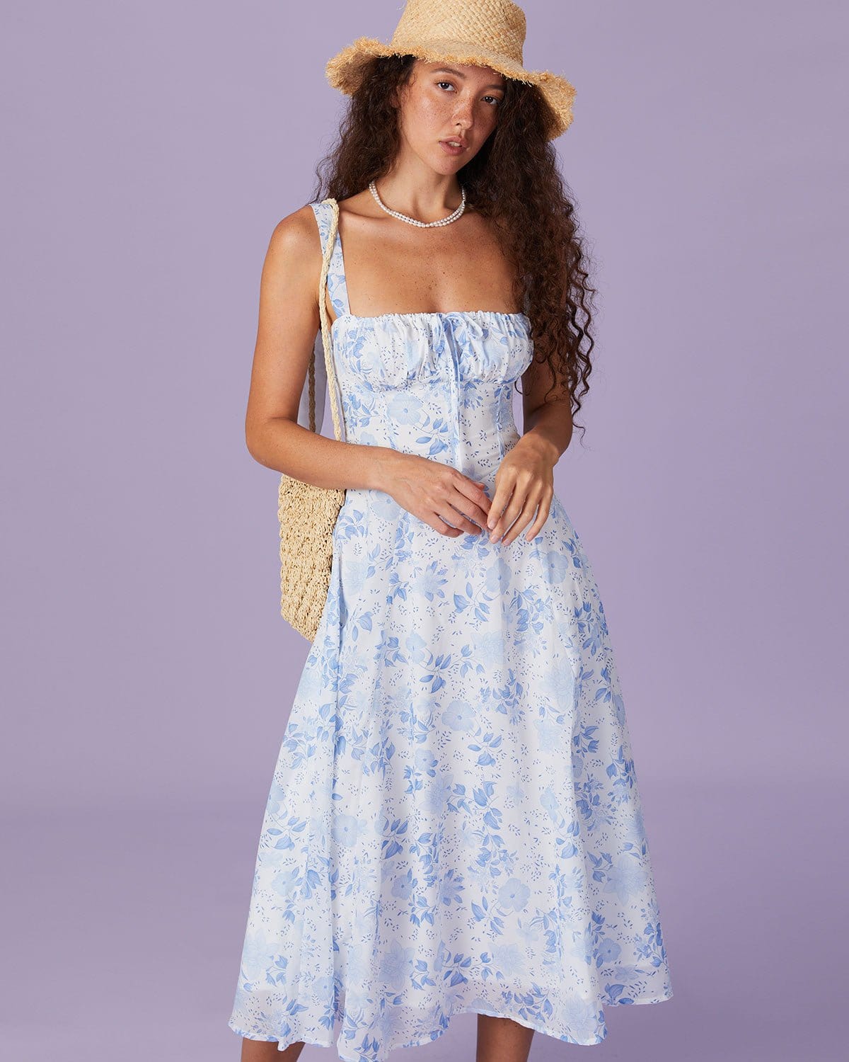Midikleid mit floralem Print, gerafftem quadratischem Ausschnitt, blau