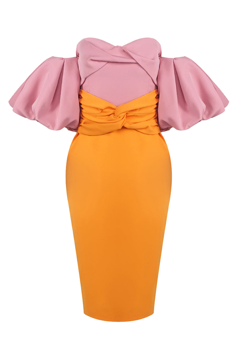 Midi-Kleid mit Puffärmeln in Farbblock Pink Orange