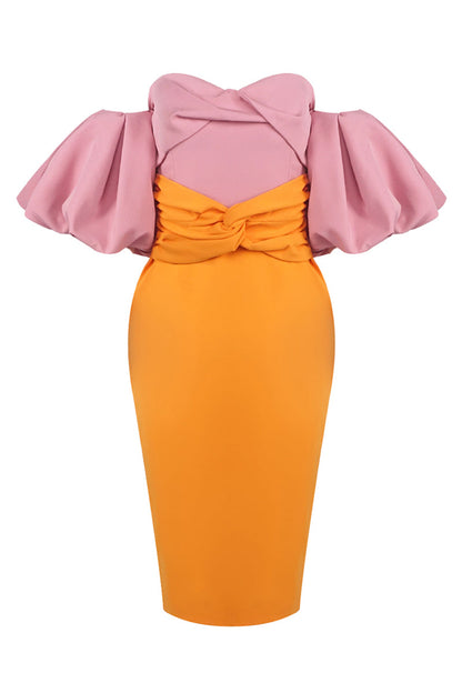 Midi-Kleid mit Puffärmeln in Farbblock Pink Orange