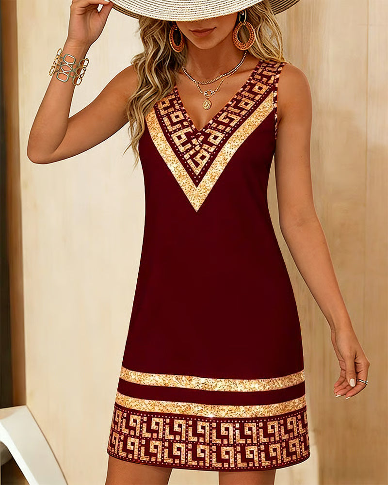 Ärmelloses Mini-Kleid mit V-Ausschnitt und bedrucktem Rand
