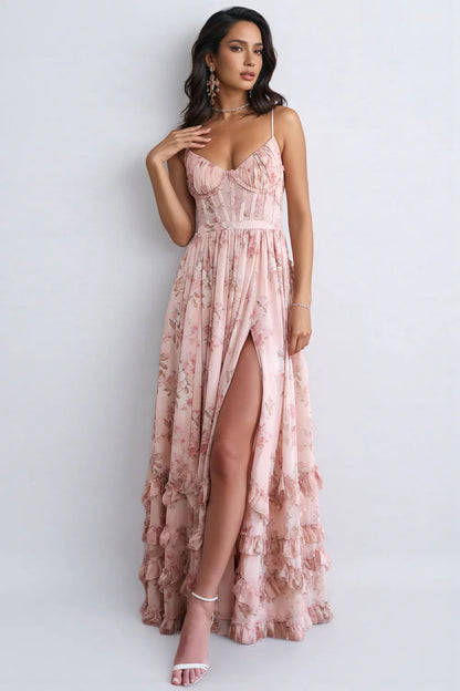 Maxikleid mit Spaghettiträgern und Rüschensaum