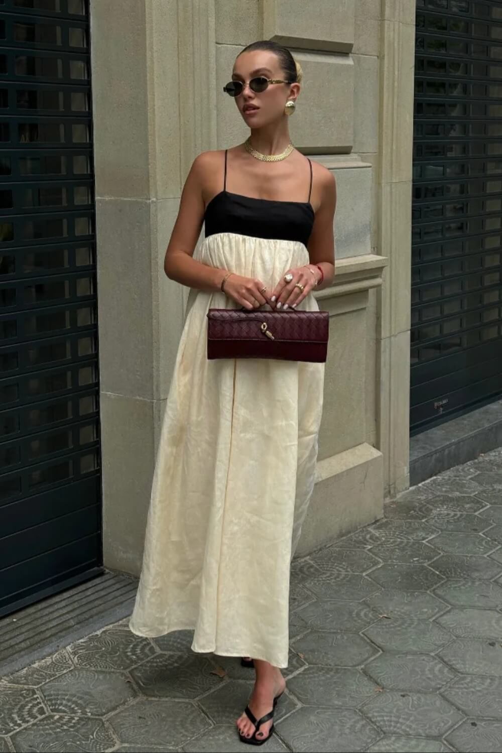 Midikleid aus Leinen-Baumwoll-Mischung für Damen, Schwarz und Weiß