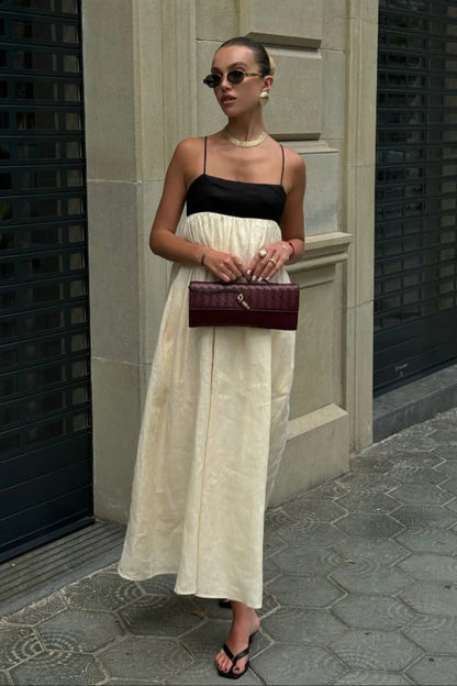 Midikleid aus Leinen-Baumwoll-Mischung für Damen, Schwarz und Weiß