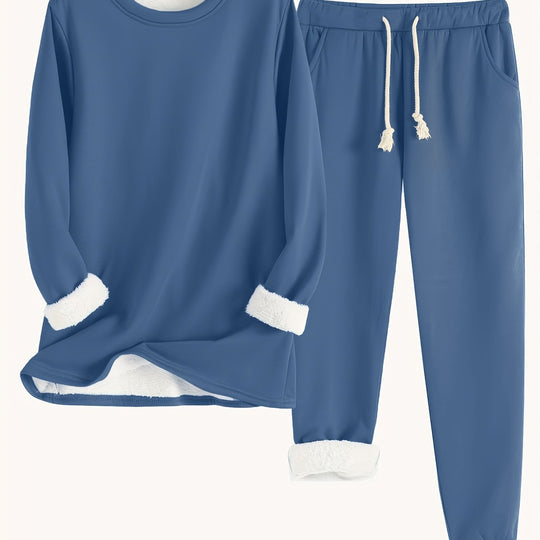 Zweiteiliges Fleece-Set mit Rundhalsausschnitt und Hose für Damen