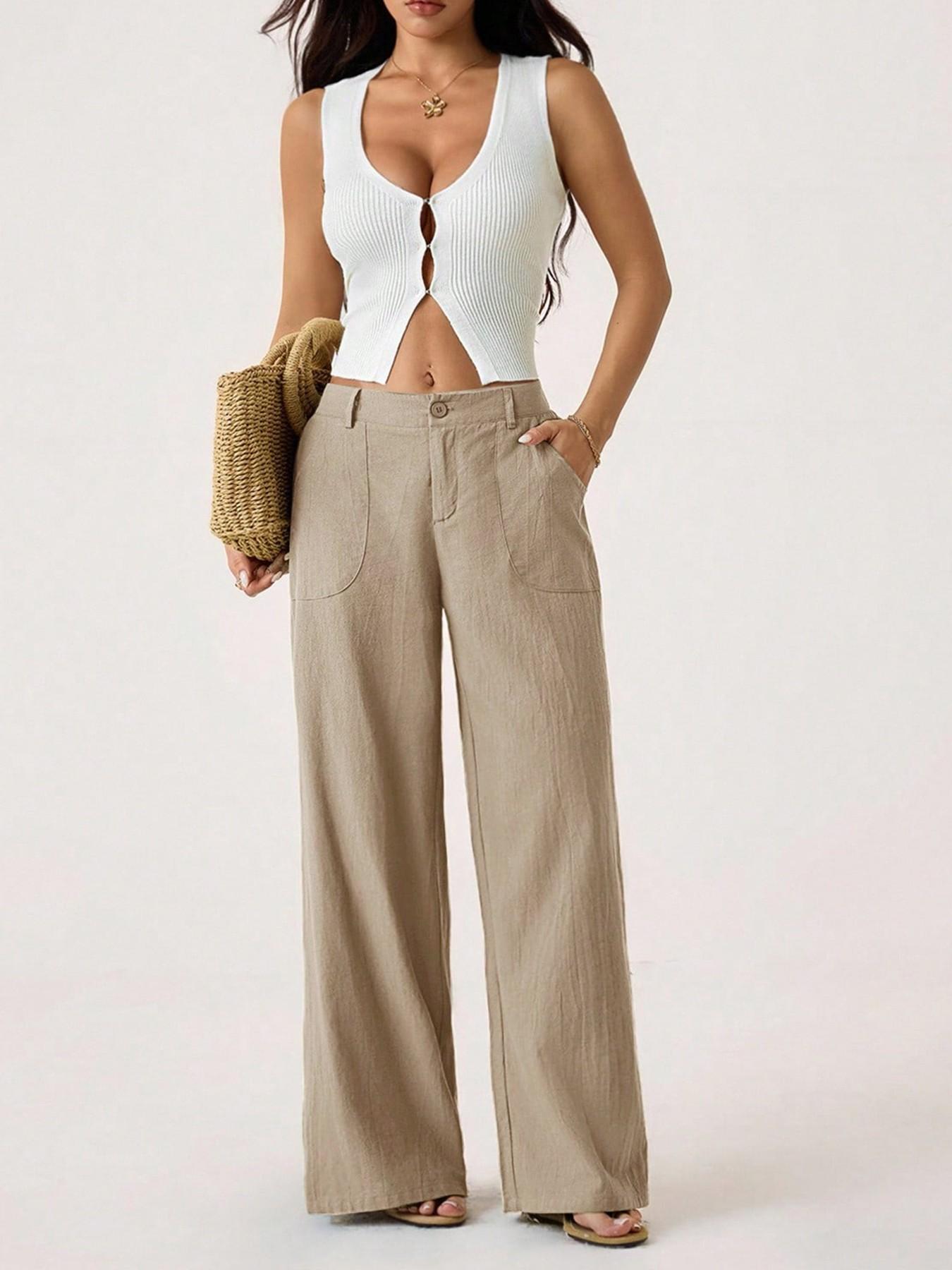 Hose mit weitem Bein aus Baumwoll-Leinen-Mischung, hohe Taille