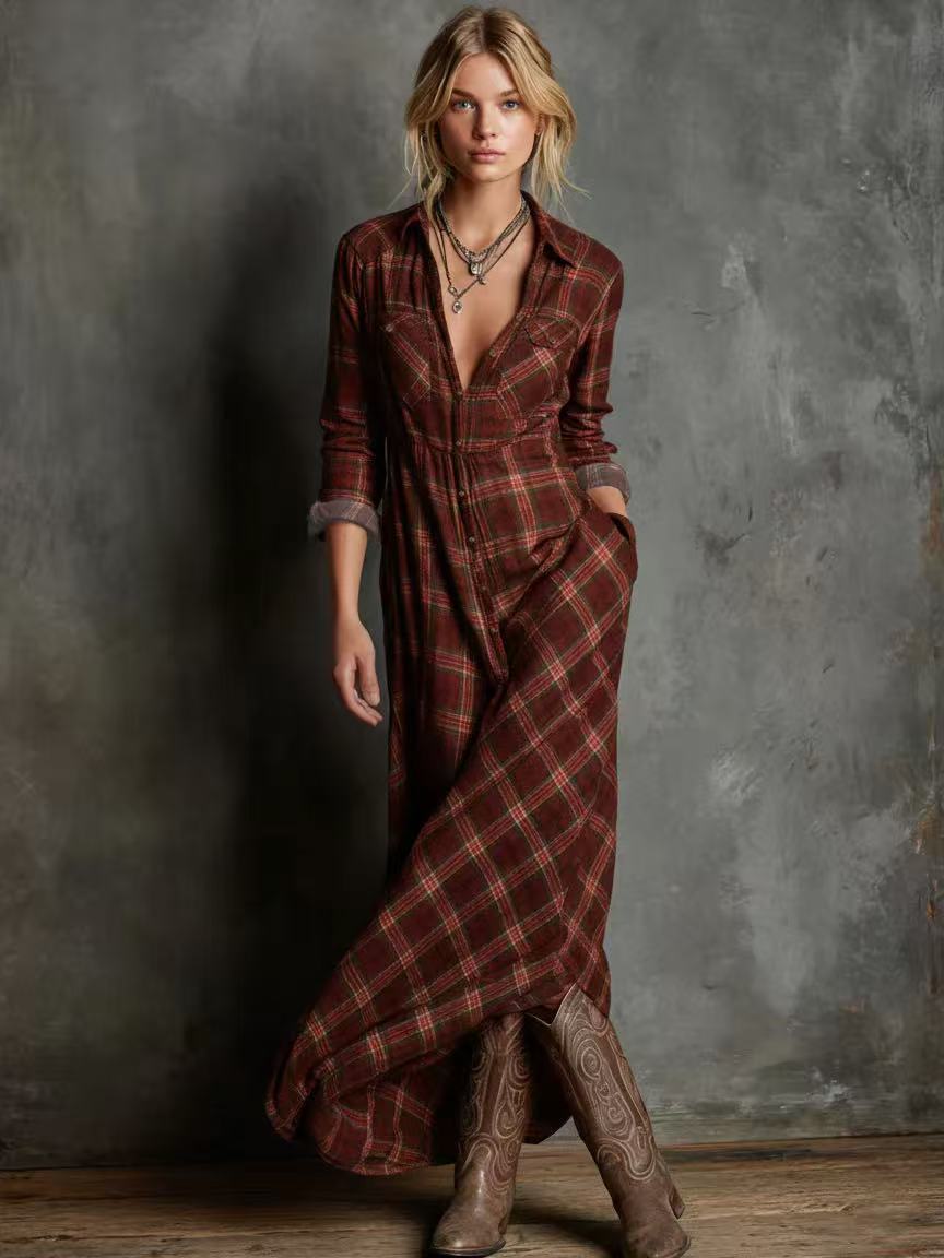 Karierter Maxikleid mit langen Ärmeln
