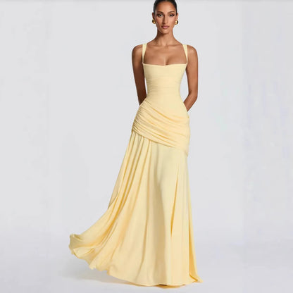 Gelbes gerafftes, drapiertes Maxikleid