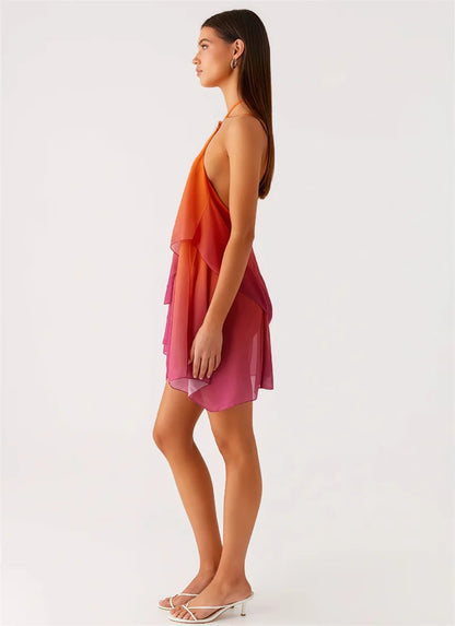 Pinkes Ombré Rüschendesign Mini Kleid