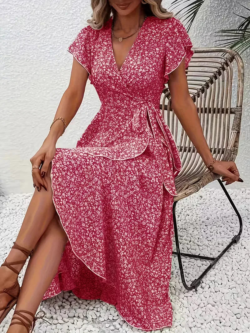 Midi-Wickelkleid mit Blumenmuster und asymmetrischem Saum