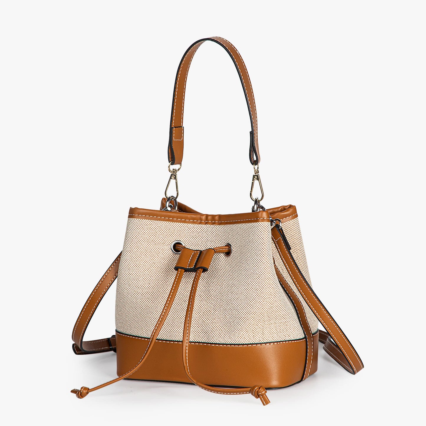 Canvas-Eimer-Tasche mit veganem Lederbesatz und Kordelverschluss