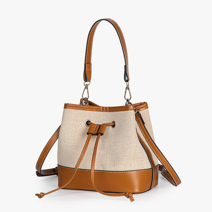 Canvas-Eimer-Tasche mit veganem Lederbesatz und Kordelverschluss
