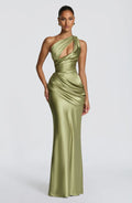 Satin Maxikleid Olive und Pflaume