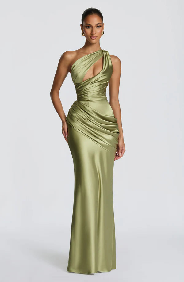 Satin Maxikleid Olive und Pflaume