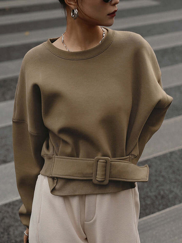Damen Sweatshirt Mit Gürtel Und Rundhalsausschnitt