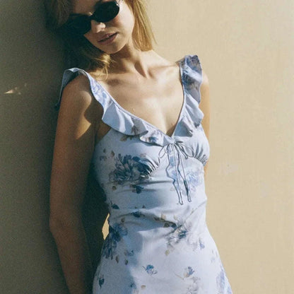 Florales Maxikleid mit tiefem V-Ausschnitt und offenem Rücken Sommerkleid