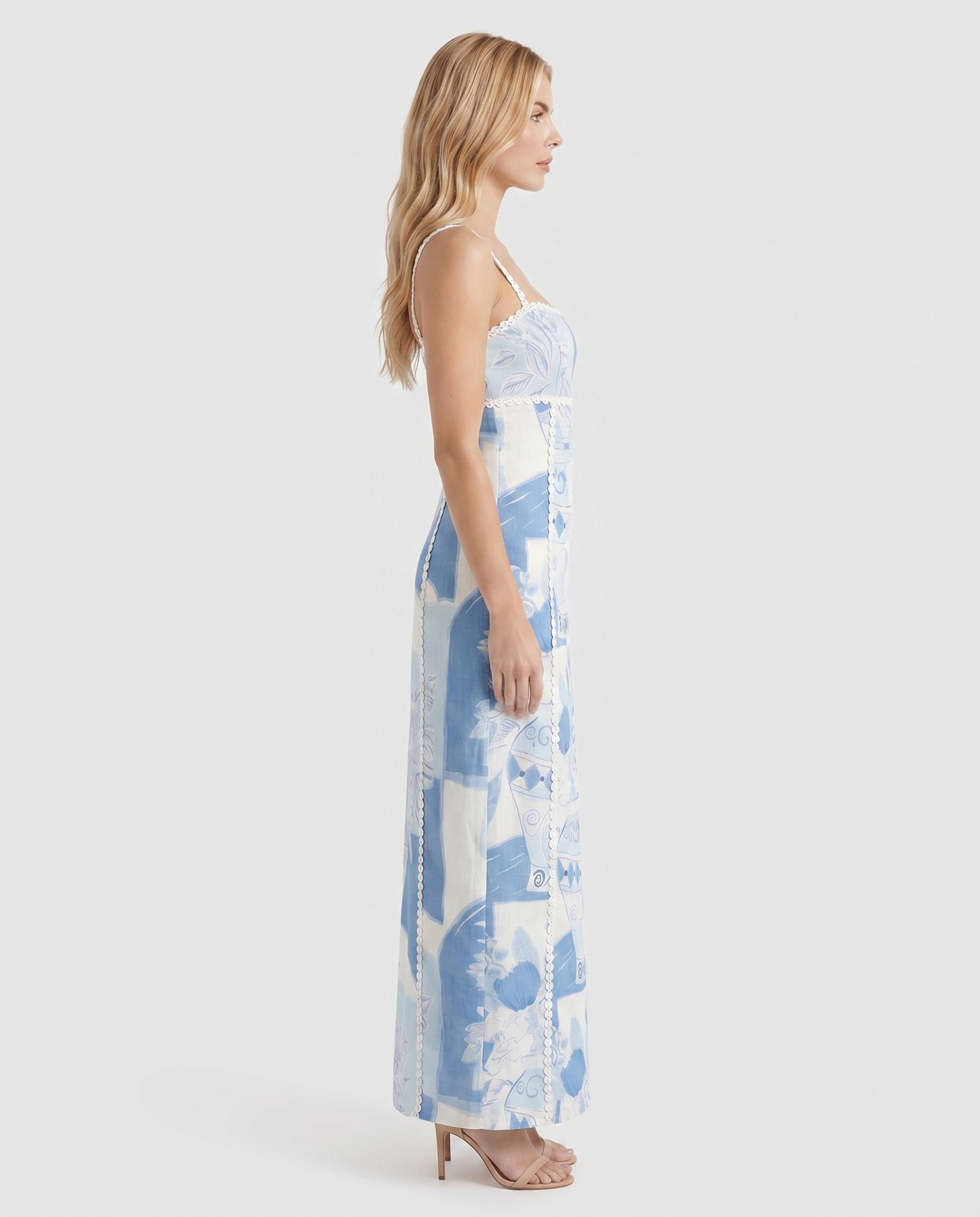 Ärmelloses Trägerloses Maxikleid mit mediterranem Muster Blau Damen