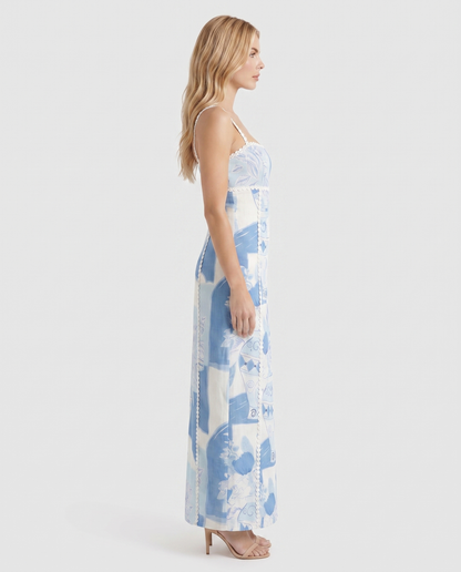 Ärmelloses Trägerloses Maxikleid mit mediterranem Muster Blau Damen
