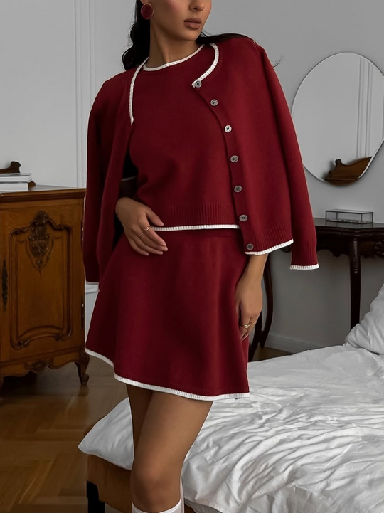 Damen Strick Set Dreiteilig Mit Blazer Top Und Rock