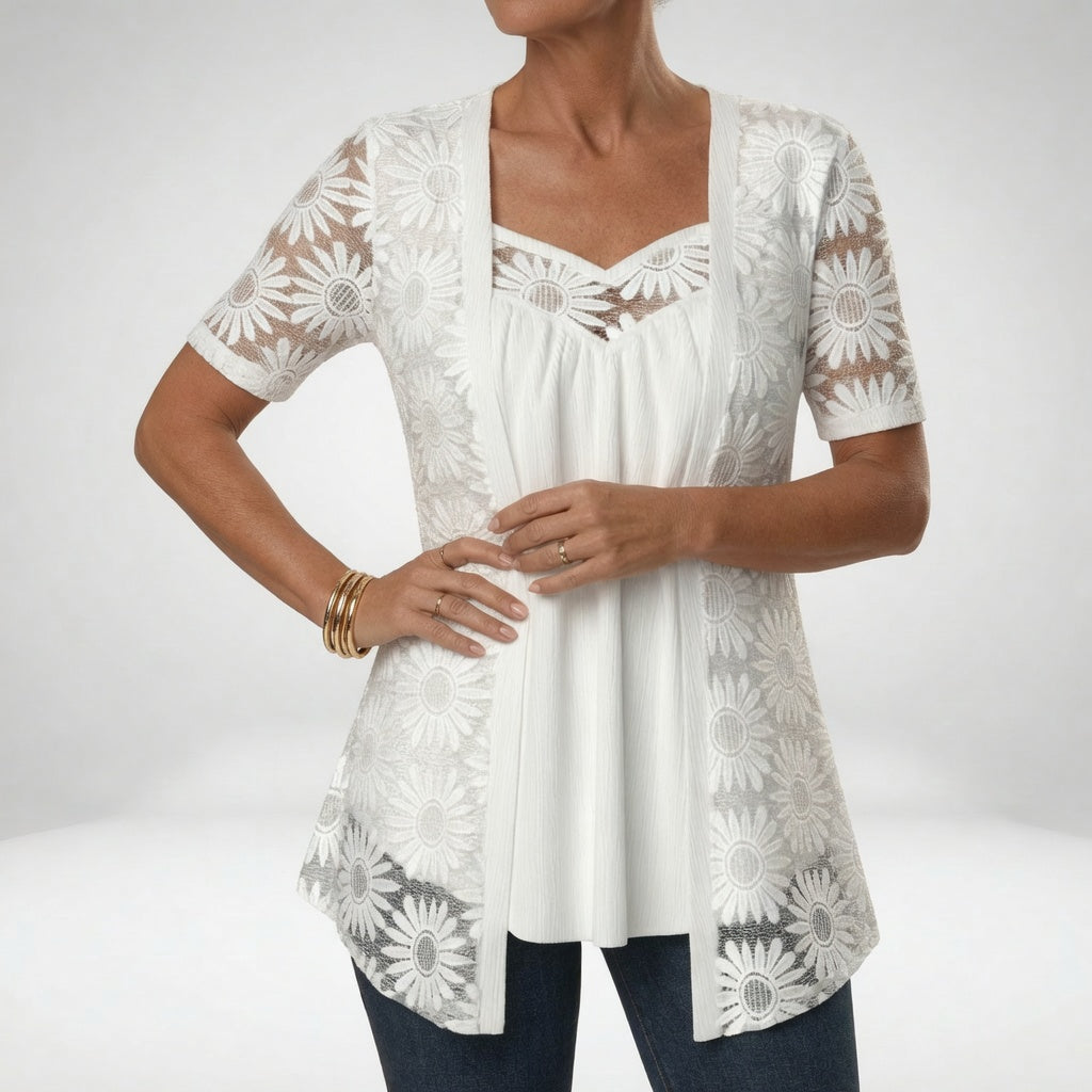 Bluse für Damen mit Blumen-Spitzenstickerei